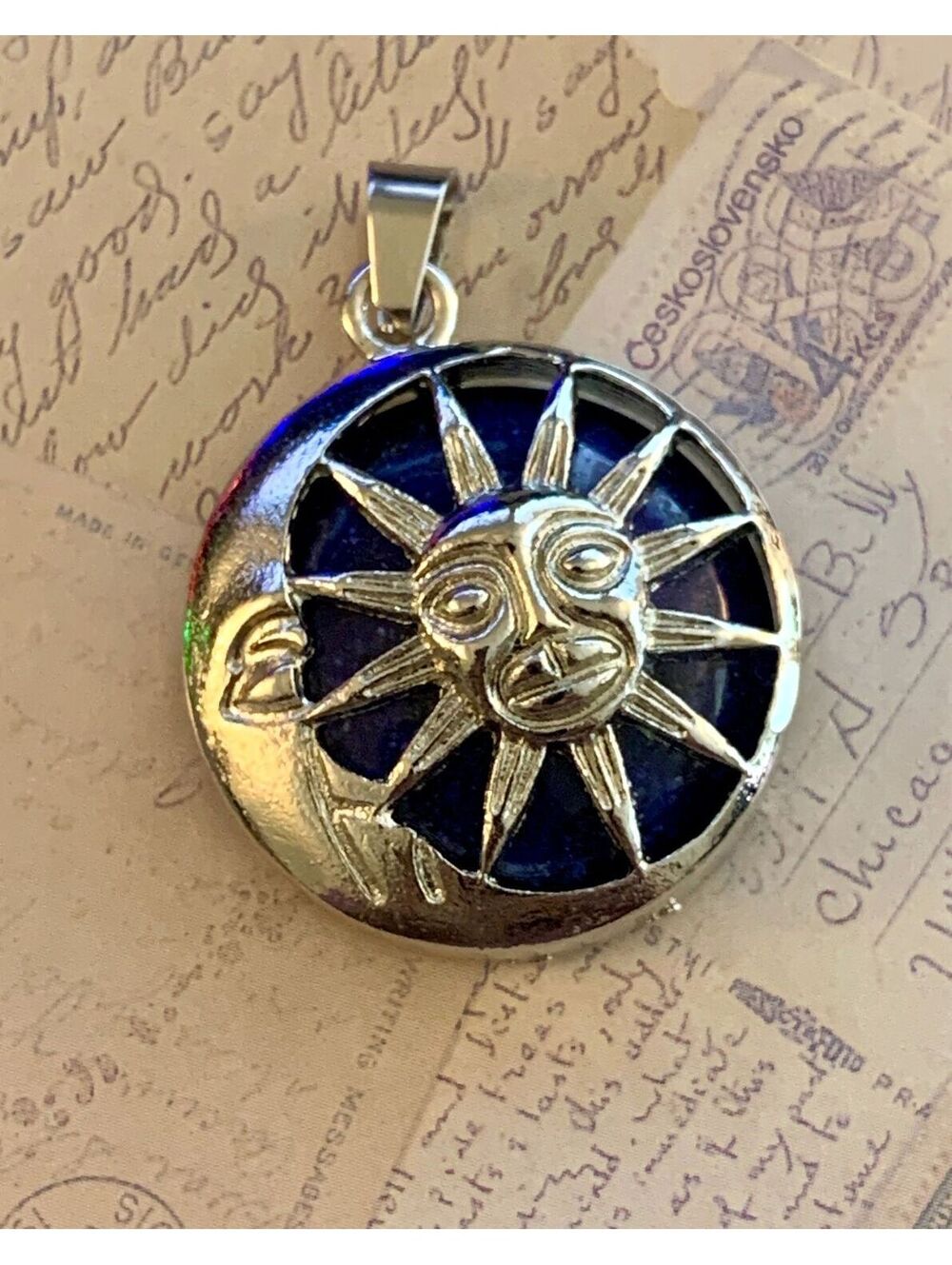 Celestial Sun & Moon Lapis Lazuli Art Glass Pendant Necklace